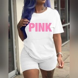 Letter Print Pink Crew Neck T-shirt. Large 8-10